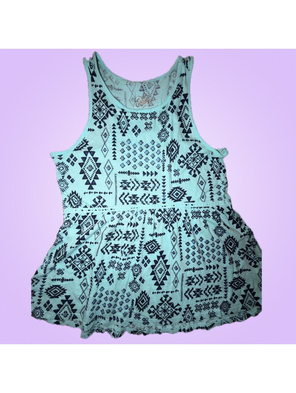 Justice Girls Size 10 Aqua Black Geometric Print Sleeveless Peplum Top